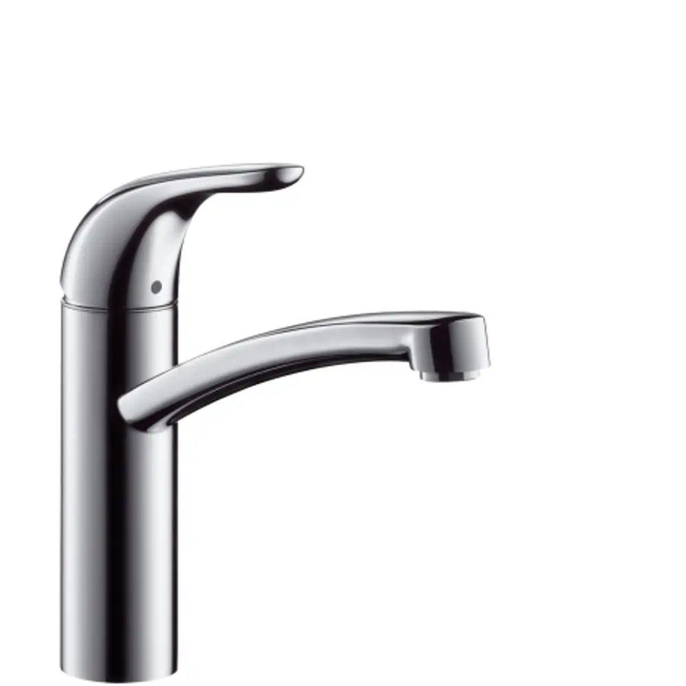 Chromierter Spültischmischer von Hansgrohe mit einem langen, geschwungenen Auslauf und einem ergonomischen Hebelgriff zur Wasserregulierung.